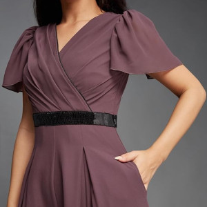 Women's Solid Relaxed Fit Short Sleeve V-Neck Jumpsuit