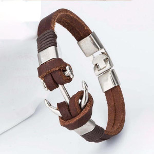 Men Brown Leather Stainless Steel Anchor Stylish Wrist Bracelet
